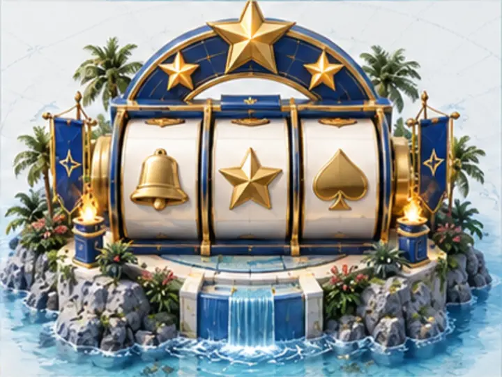 Original illustrated slot reels with abstract symbols on a floating platform