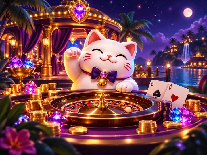 Original cheerful lucky-cat casino host beside a roulette table in a purple and gold night pavilion