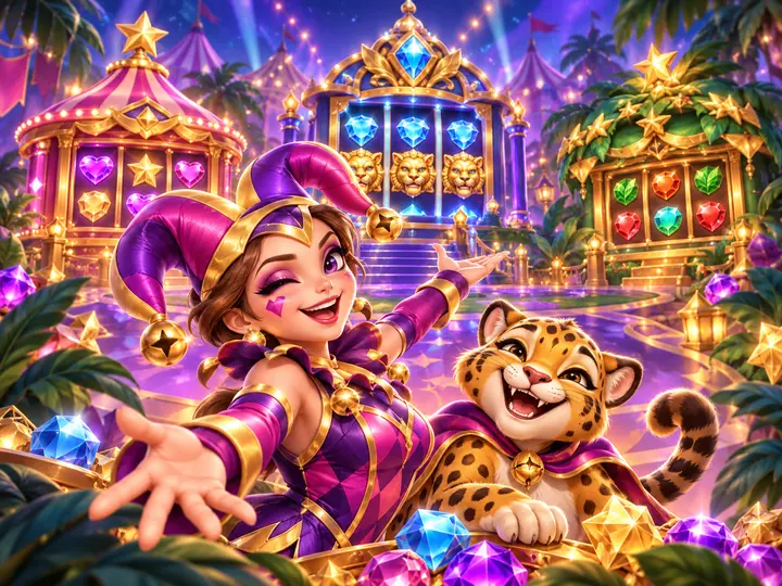 Original cheerful jester guide and jaguar companion in a purple and gold slot carnival