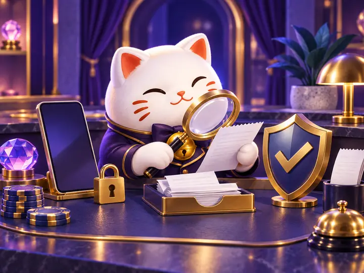 Original lucky-cat concierge checking a blank receipt beside a shield and magnifying glass